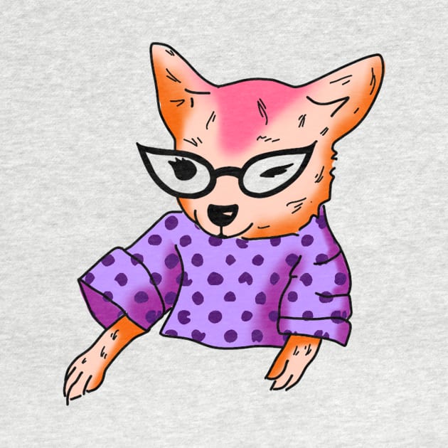 funny orange chihuahua wearing cat eye glasses and a purple shirt cute gift by AnanasArt